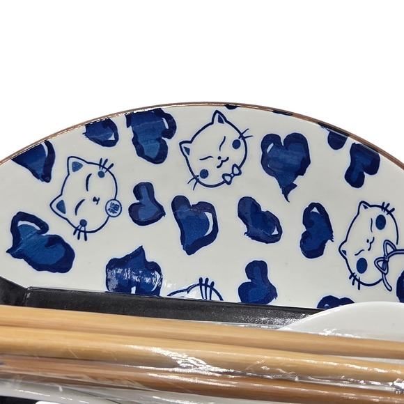 SH Home Set of 2 Blue Cats Ceramic Ramen Noodle Bowl 43oz Chopsticks And Spoons - Picture 2 of 9